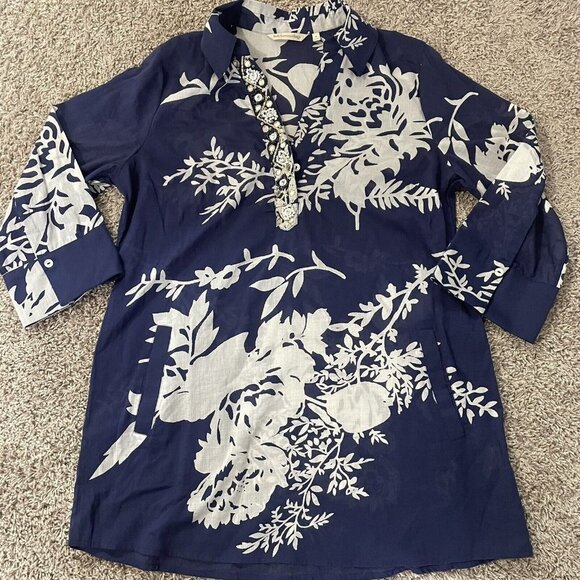 Soft Surroundings Blue White Leaf Print Beaded Tunic Blouse Pockets Size Small - Picture 2 of 9